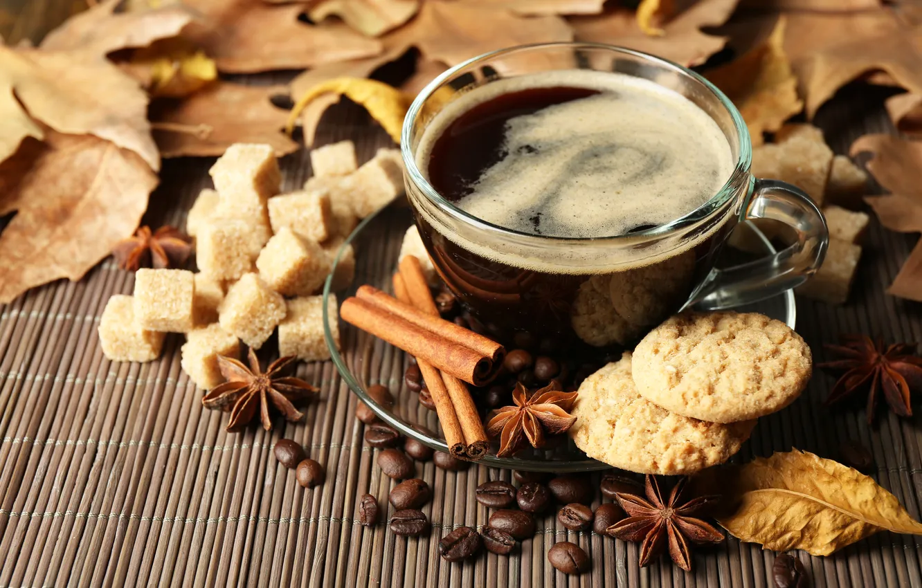 Фото обои осень, листья, кофе, шарф, печенье, чашка, hot, корица
