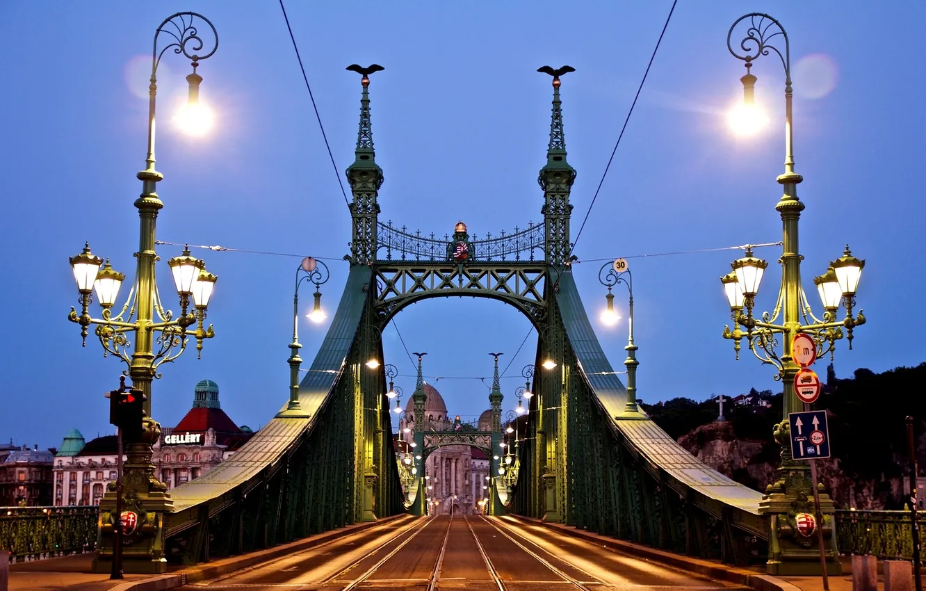 Фото обои дорога, освещение, фонари, архитектура, Венгрия, Hungary, Будапешт, Budapest