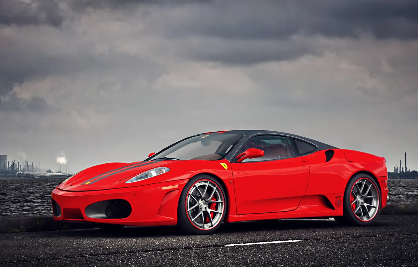 Фото обои F430, Ferrari, Red, Clouds, Sky, Landscape, Water, Supercar