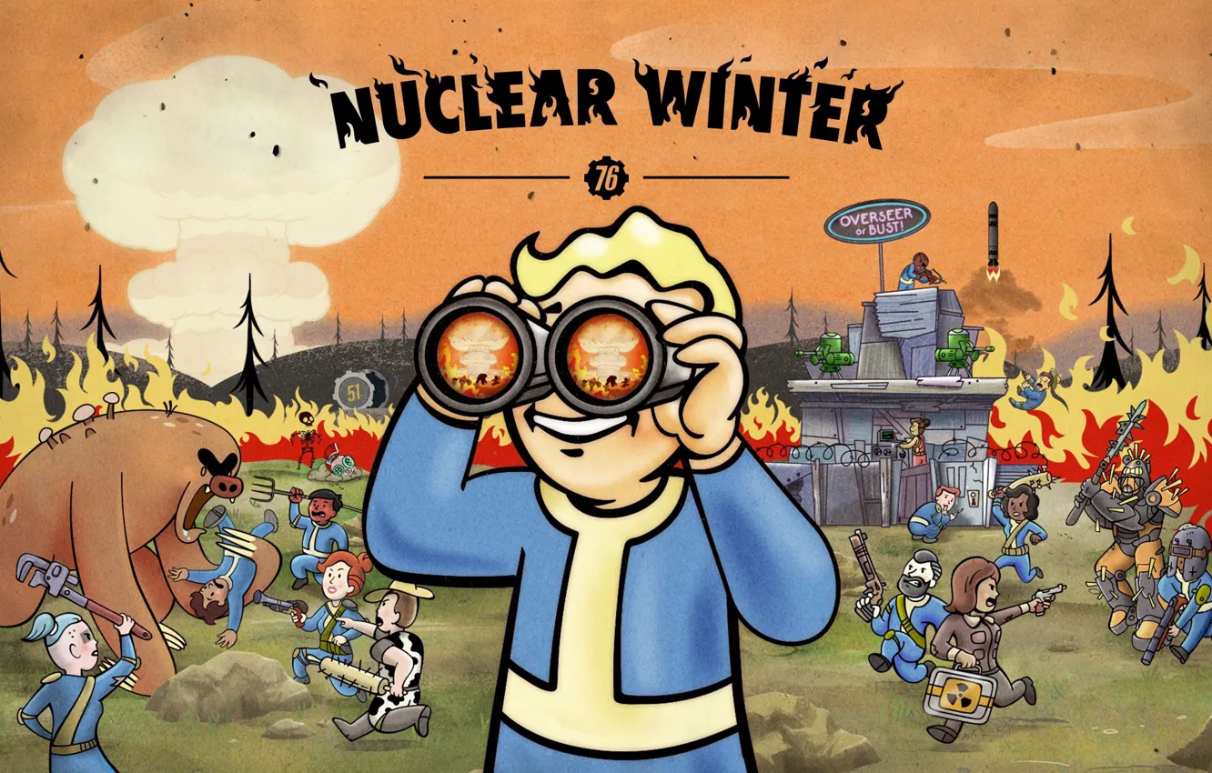 Фото обои Fire, Fallout, Bethesda Softworks, Bethesda, Characters, Game Art, Vault Boy, Nuclear Winter