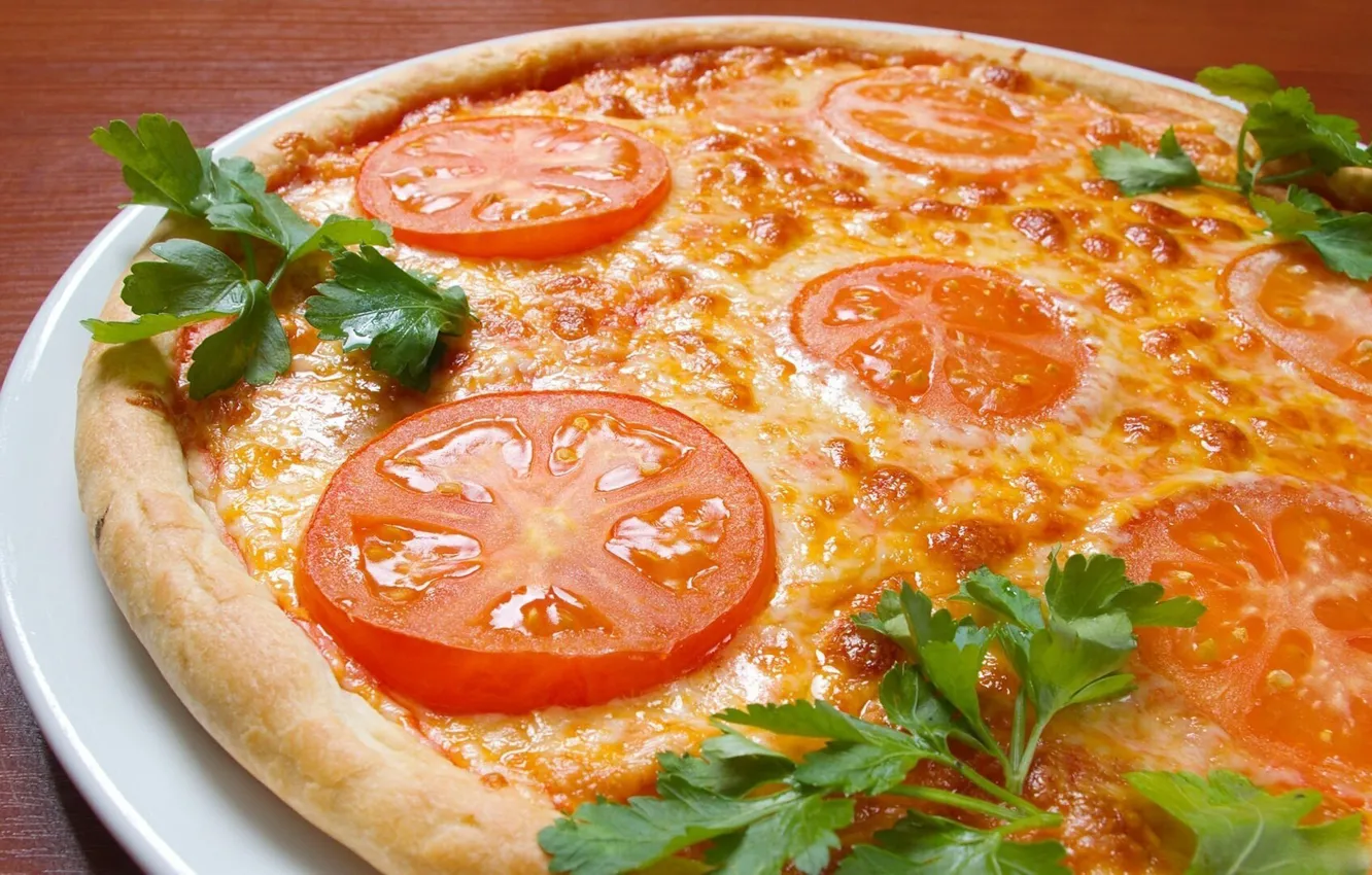 Фото обои зелень, помидоры, вкусно, Пицца, Маргарита