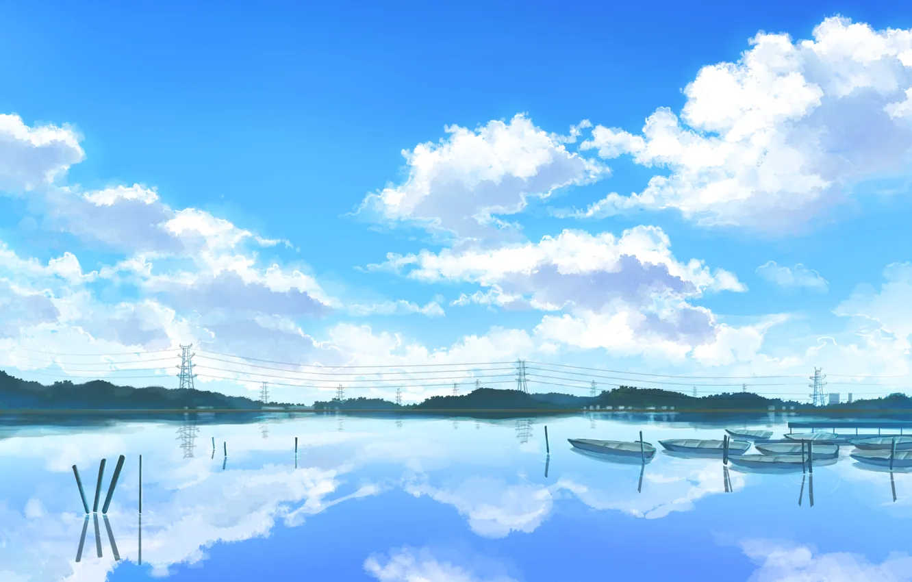 Фото обои река, лодки, облачное небо