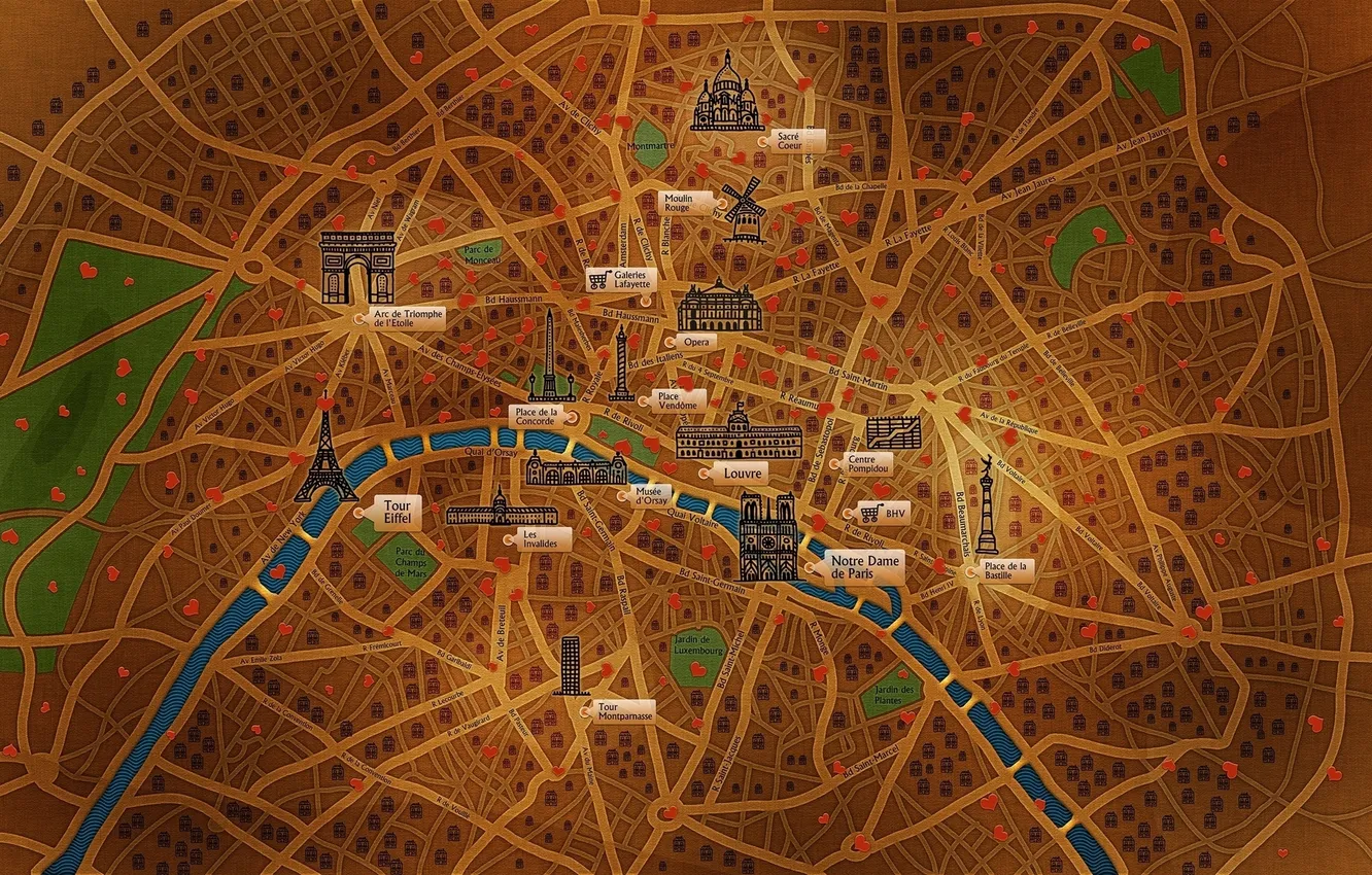 Фото обои город, река, Франция, Париж, дороги, карта, сердца, Сена