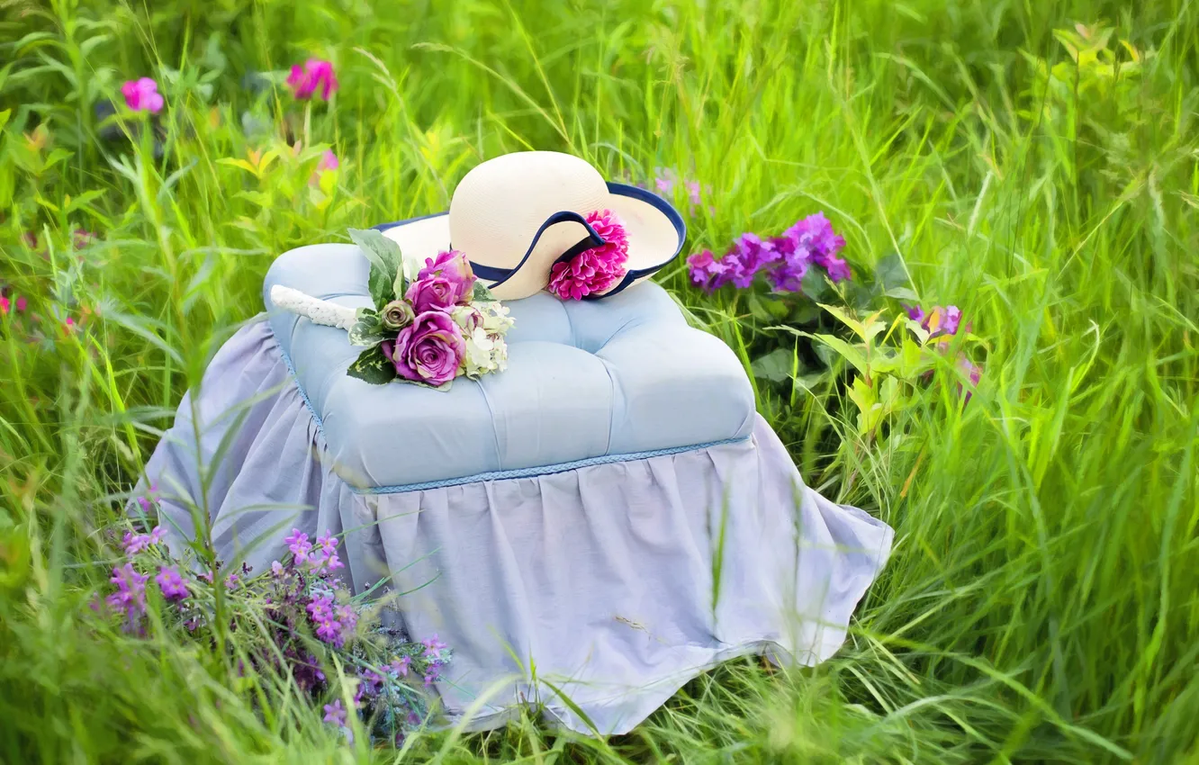 Фото обои лето, трава, цветы, природа, шляпа, пуфик