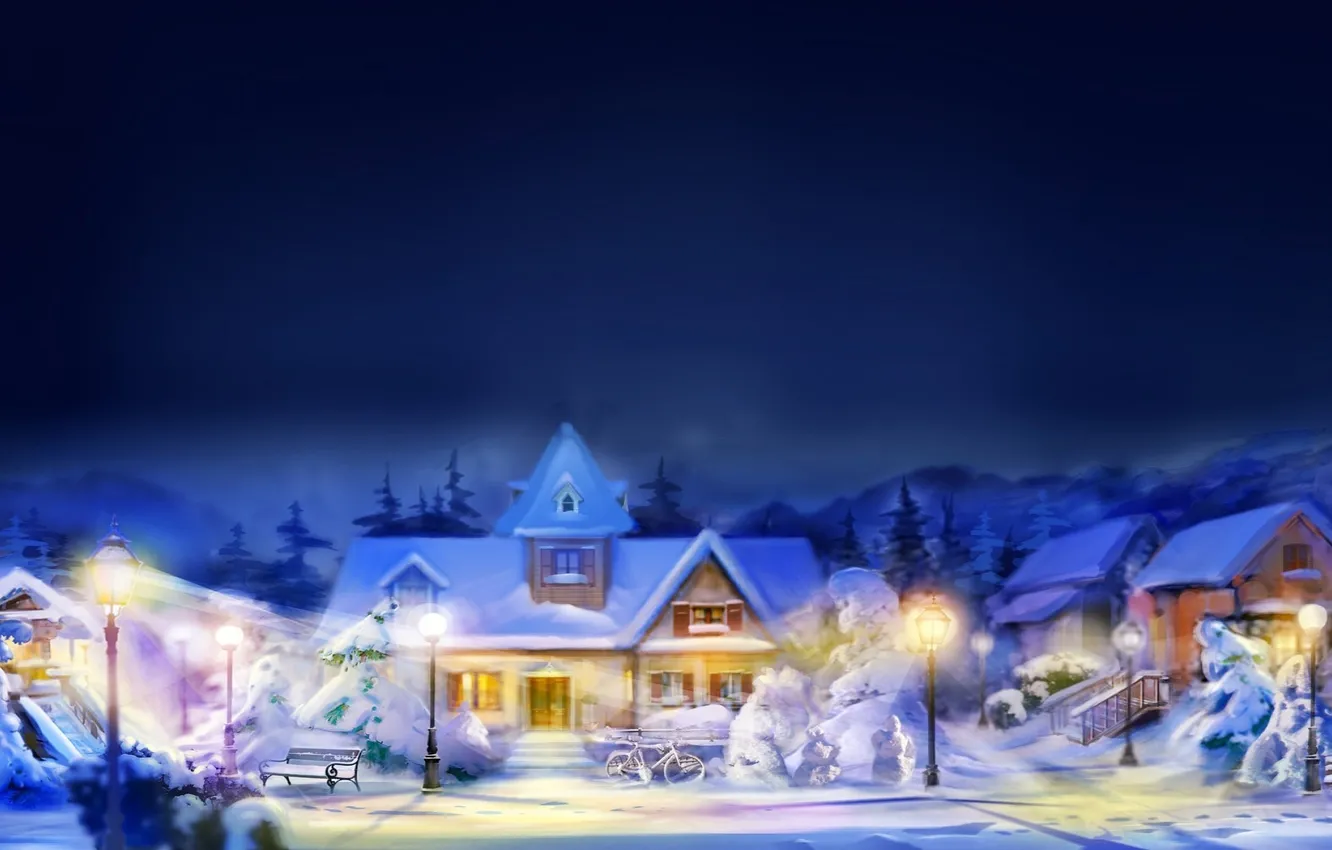 Фото обои небо, снег, улица, дома, Зима, фонари