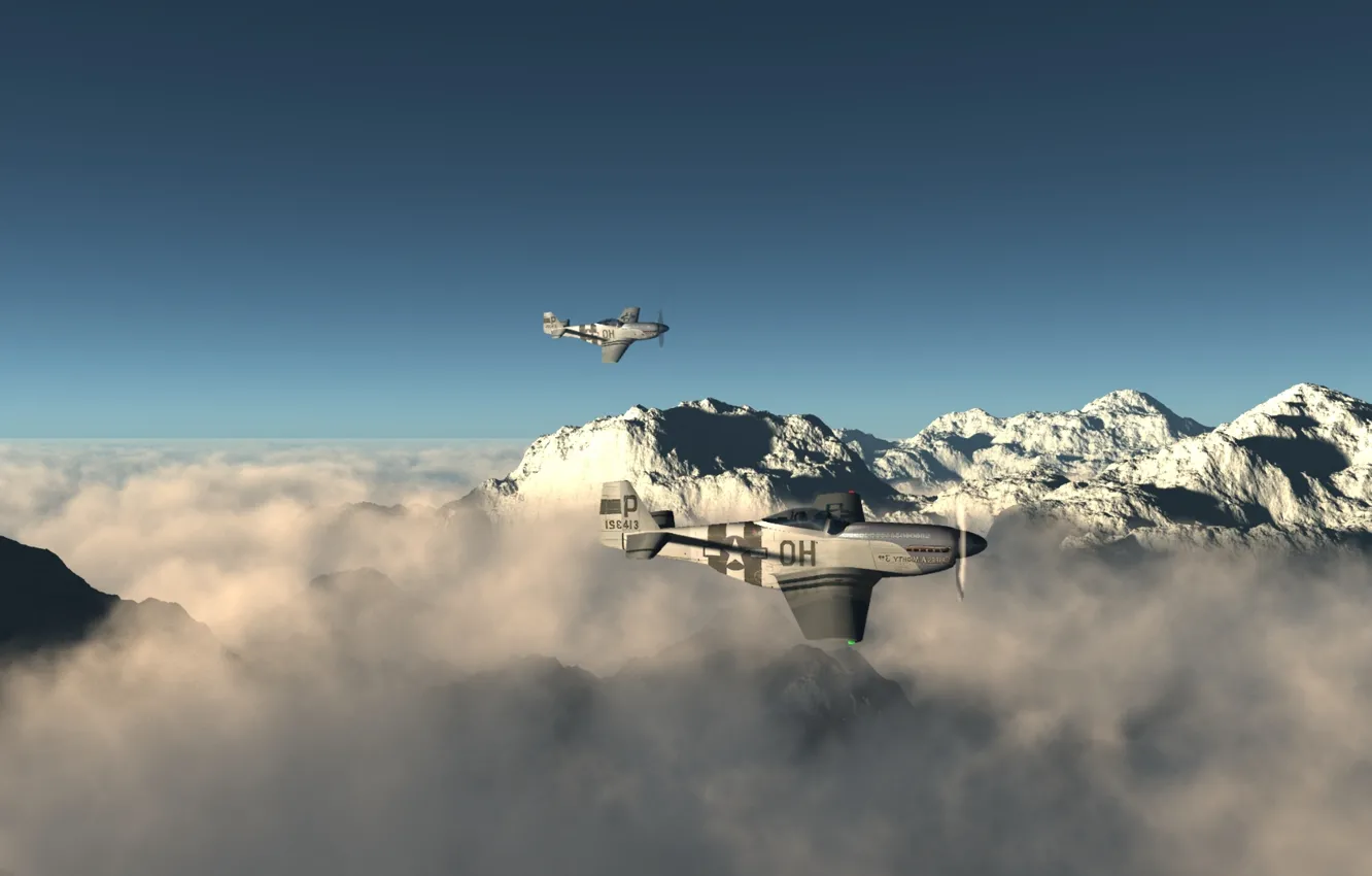 Фото обои облака, вершины, пара, полёт, Мустанги