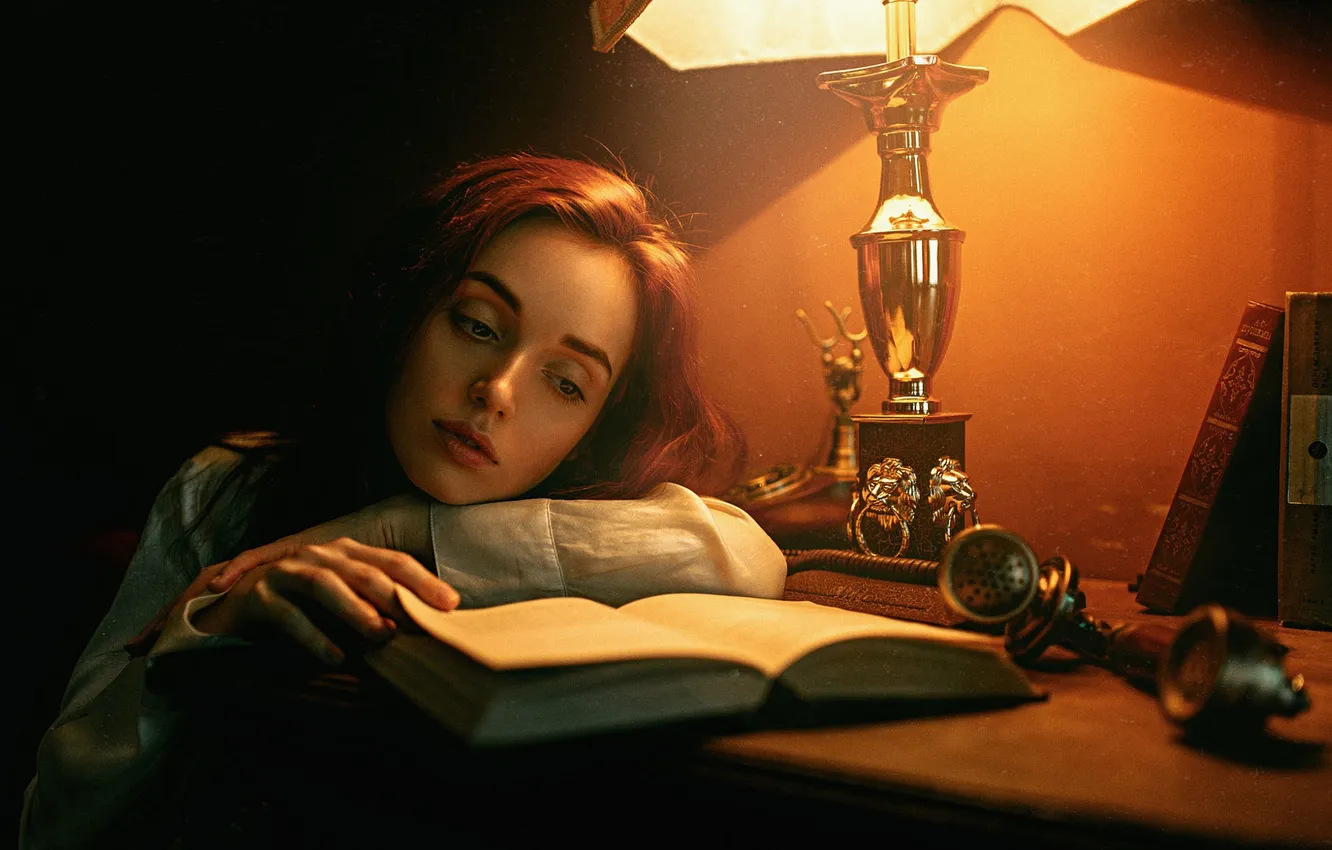 Фото обои Девушка, Взгляд, Книга, Свет, Волосы, Красивая, Рыжие, Анастасия Ройф
