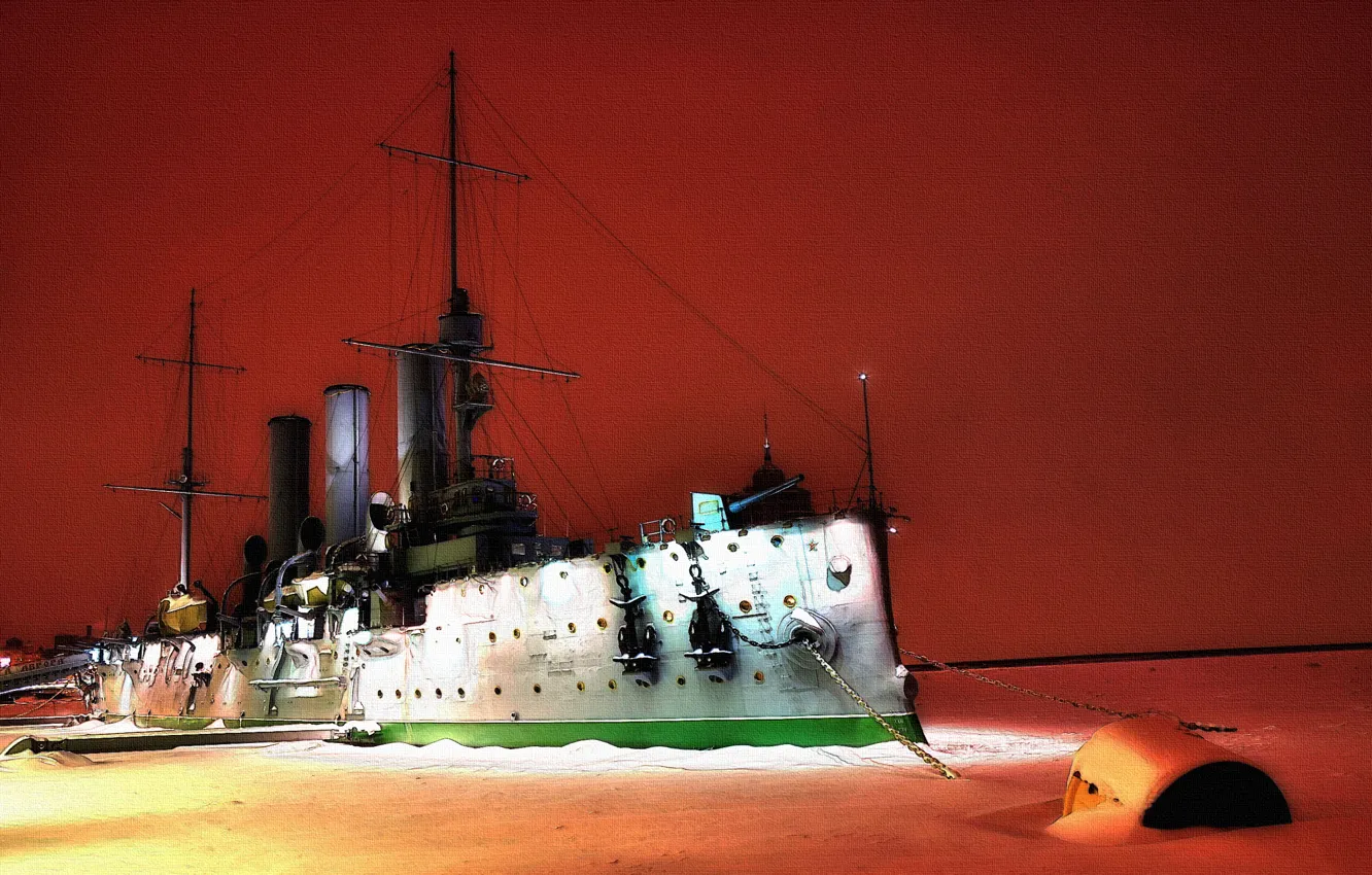 Фото обои Зима, Ночь, Река, Лед, Корабль, Аврора, Крейсер, Военный