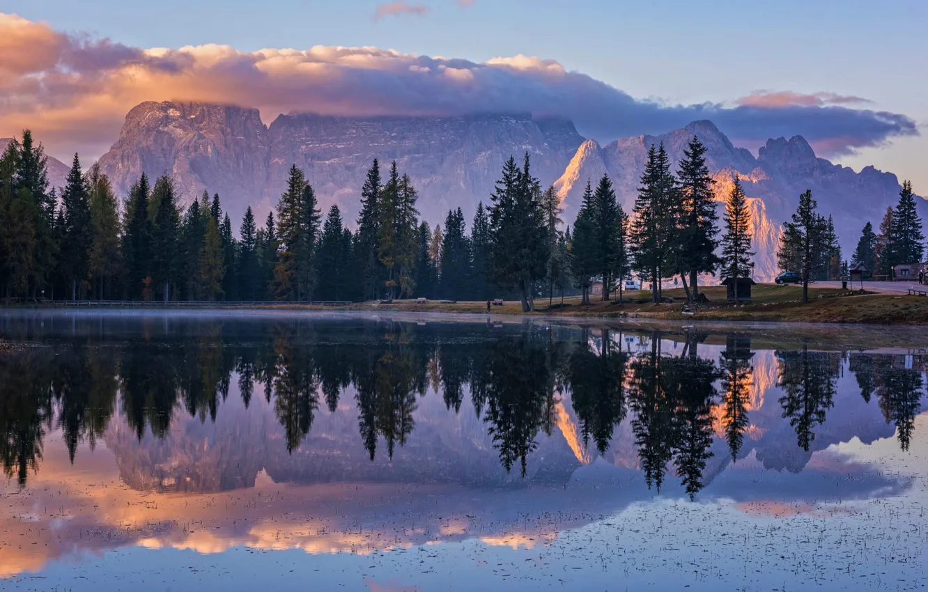 Фото обои облака, деревья, горы, природа, озеро, отражение, утро, Csilla Zelko