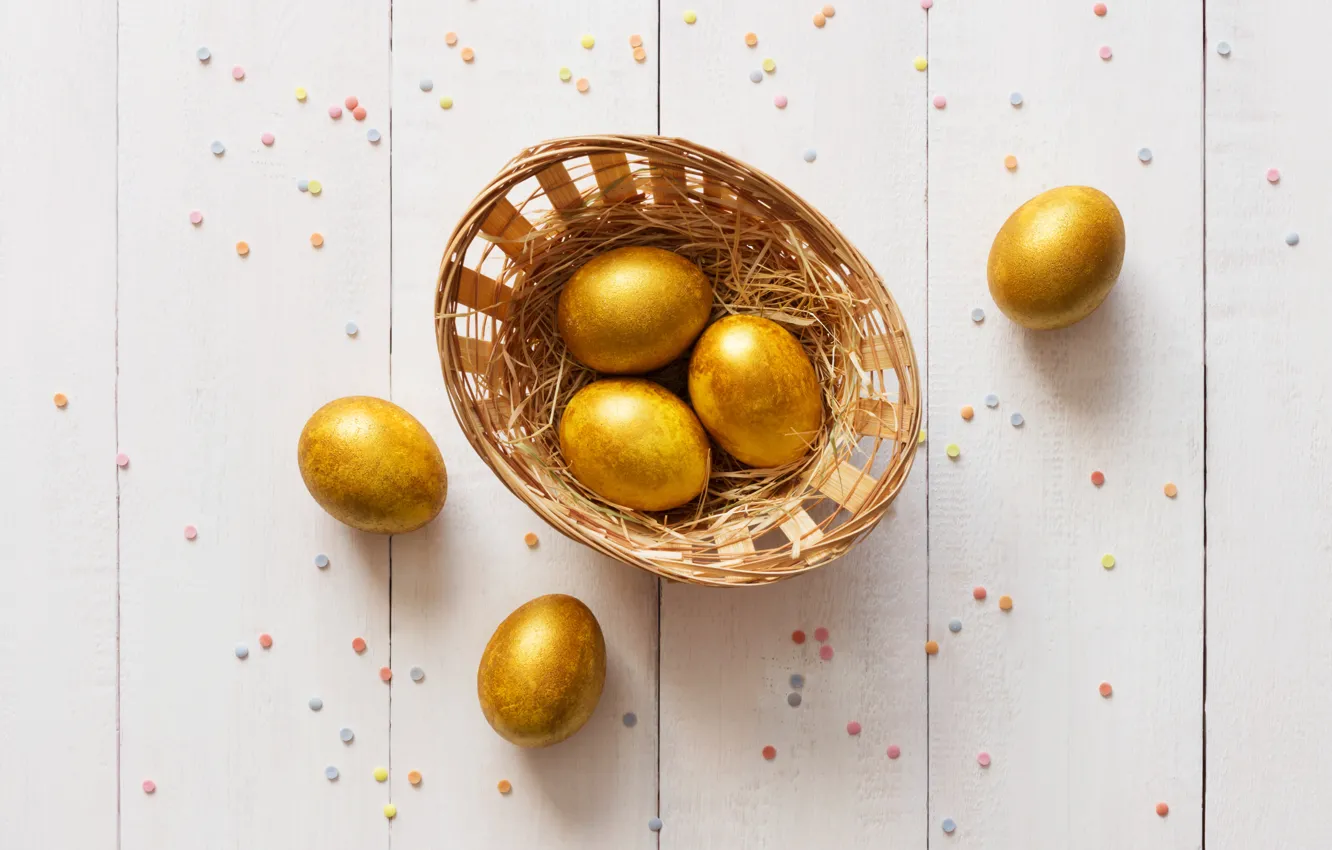 Фото обои золото, праздник, корзина, яйца, пасха