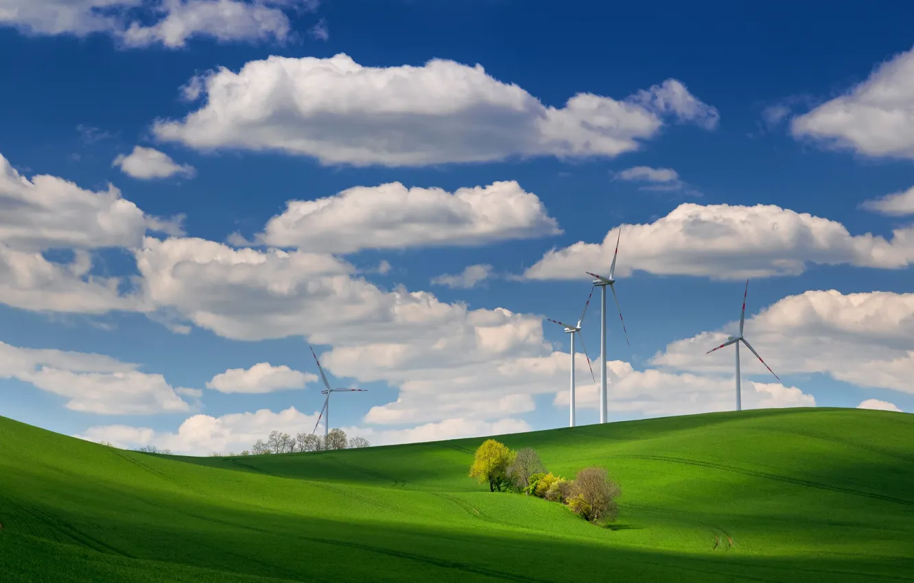 Фото обои поле, облака, холмы, ветряки, field, clouds, hills, windmills
