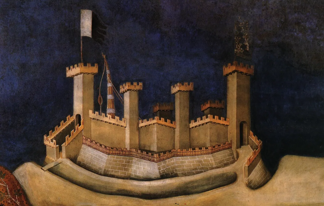 Фото обои замок, флаг, крепость, знамя, Simone Martini, средние века