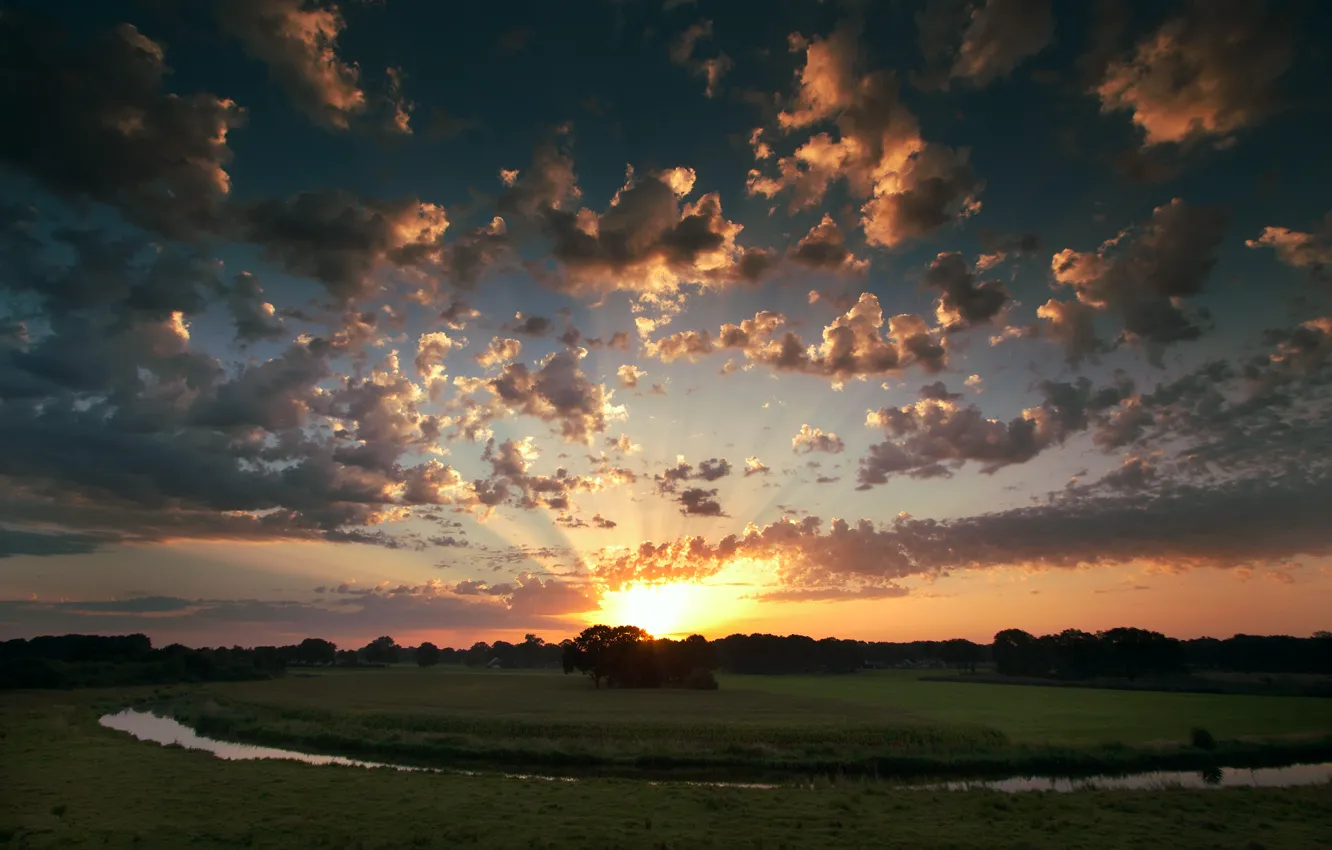 Фото обои поле, небо, солнце, облака, деревья, закат, река