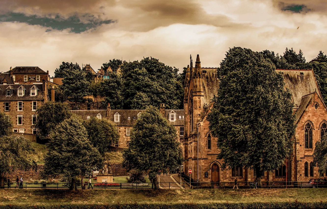 Фото обои деревья, замок, готика, улица, Шотландия, архитектура, старинный