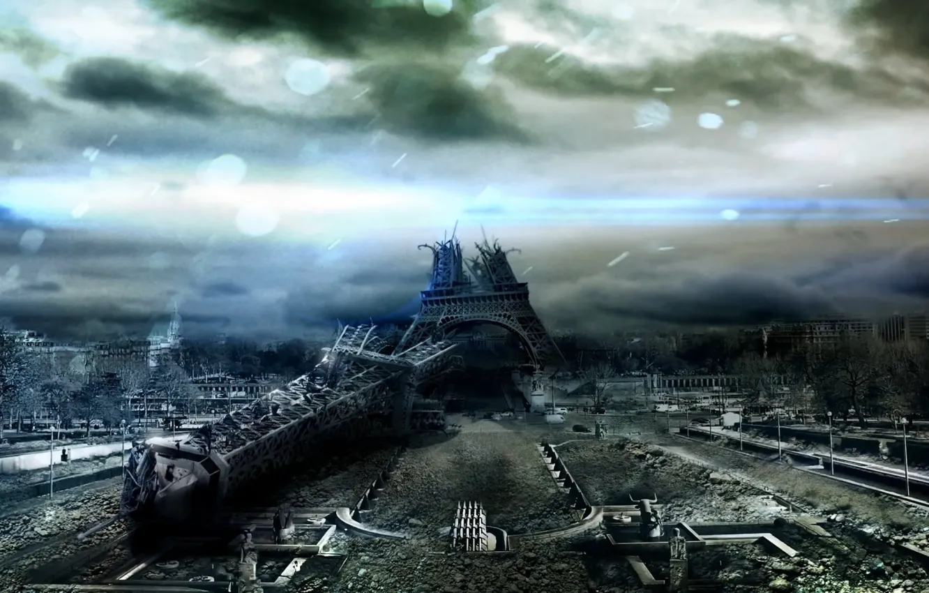 Фото обои Париж, Небо, Тучи, Апокалипсис, Эйфелева башня, Разрушения, Просвет, Мрак.