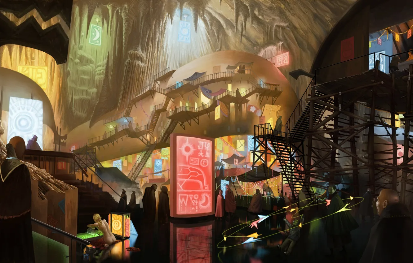 Фото обои город, фантастика, человек, арт, лестница, пещера, рынок