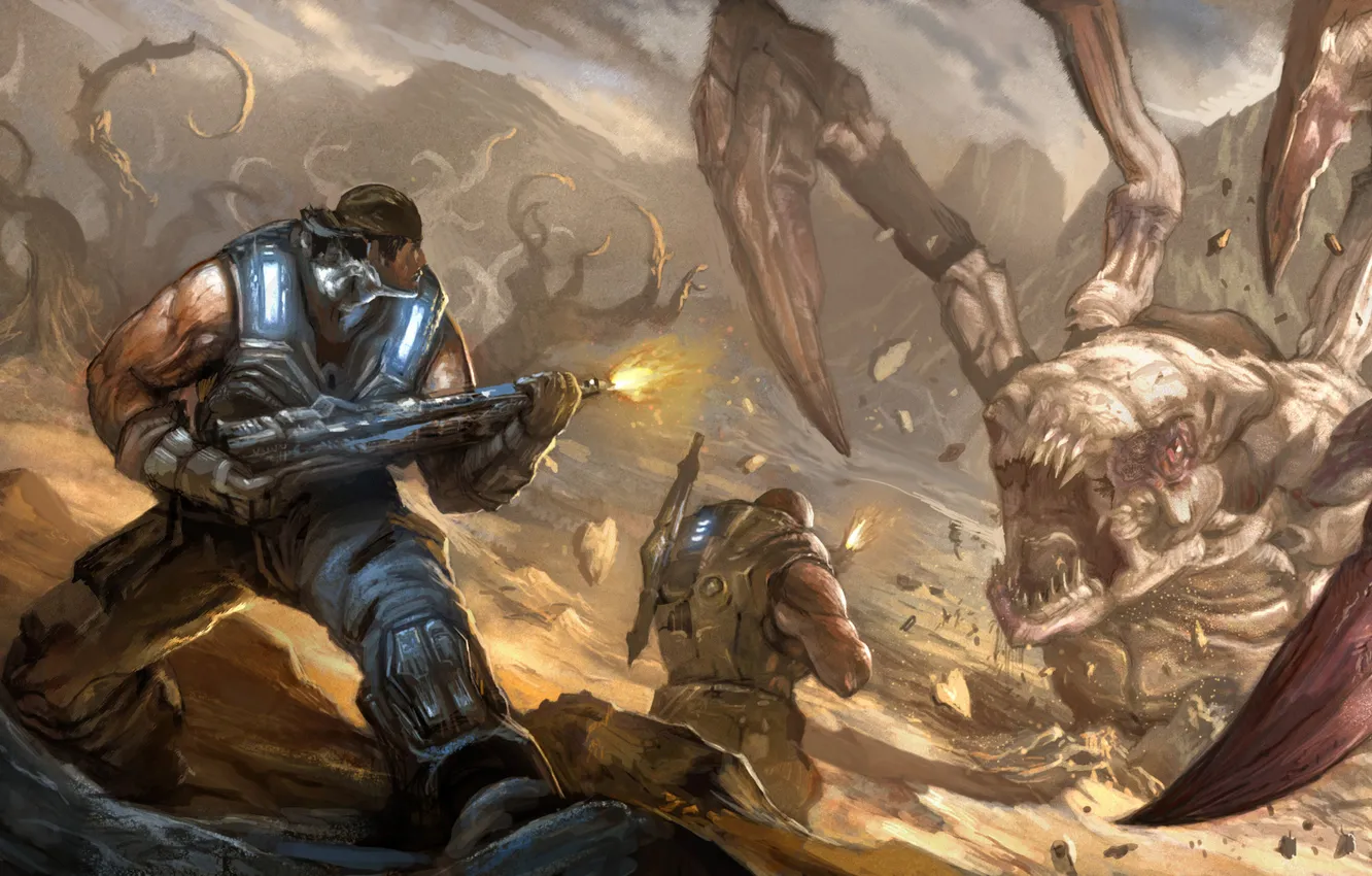 Фото обои оружие, монстр, арт, солдаты, битва, Gears of War 3
