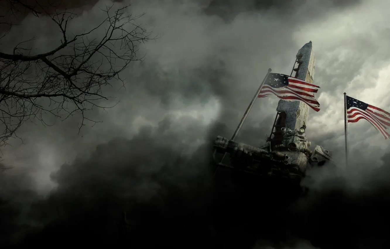Фото обои туман, доспехи, флаг, fallout