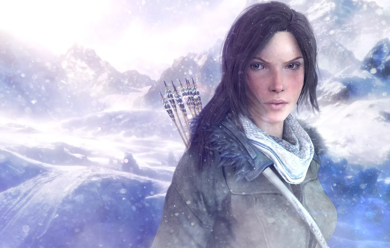Фото обои снег, горы, стрелы, lara croft, Rise of the Tomb Raider, Восхождение Расхитительницы гробниц