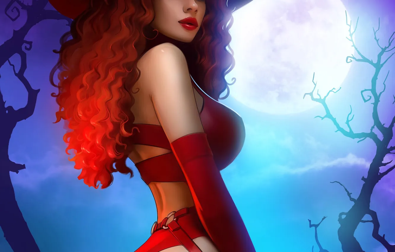 Фото обои girl, moon, fantasy, green eyes, night, redhead, digital art, artwork