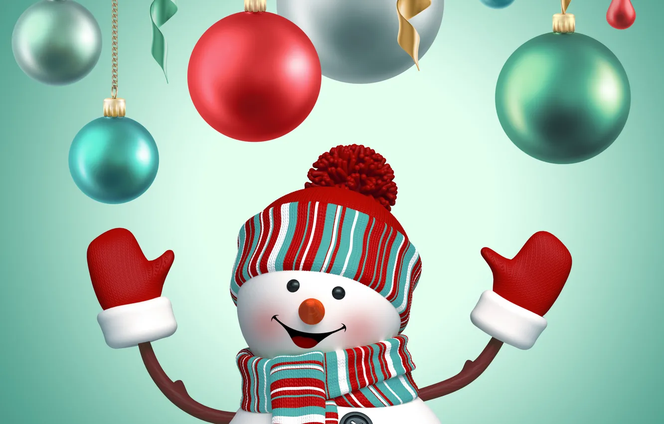 Фото обои шары, Новый Год, Рождество, снеговик, Christmas, New Year, cute, snowman