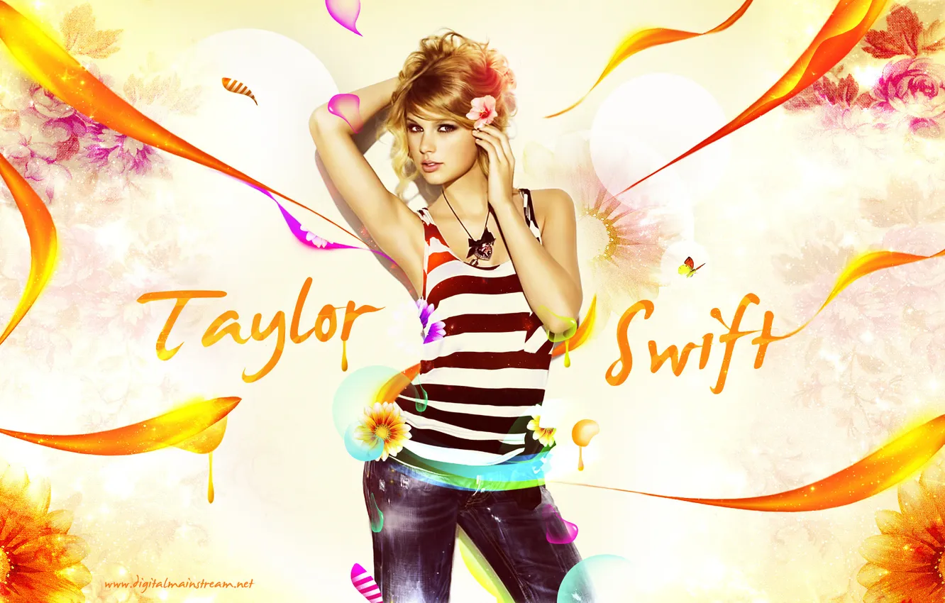 Фото обои девушка, бабочки, цветы, графика, лепестки, певица, ярко, Taylor