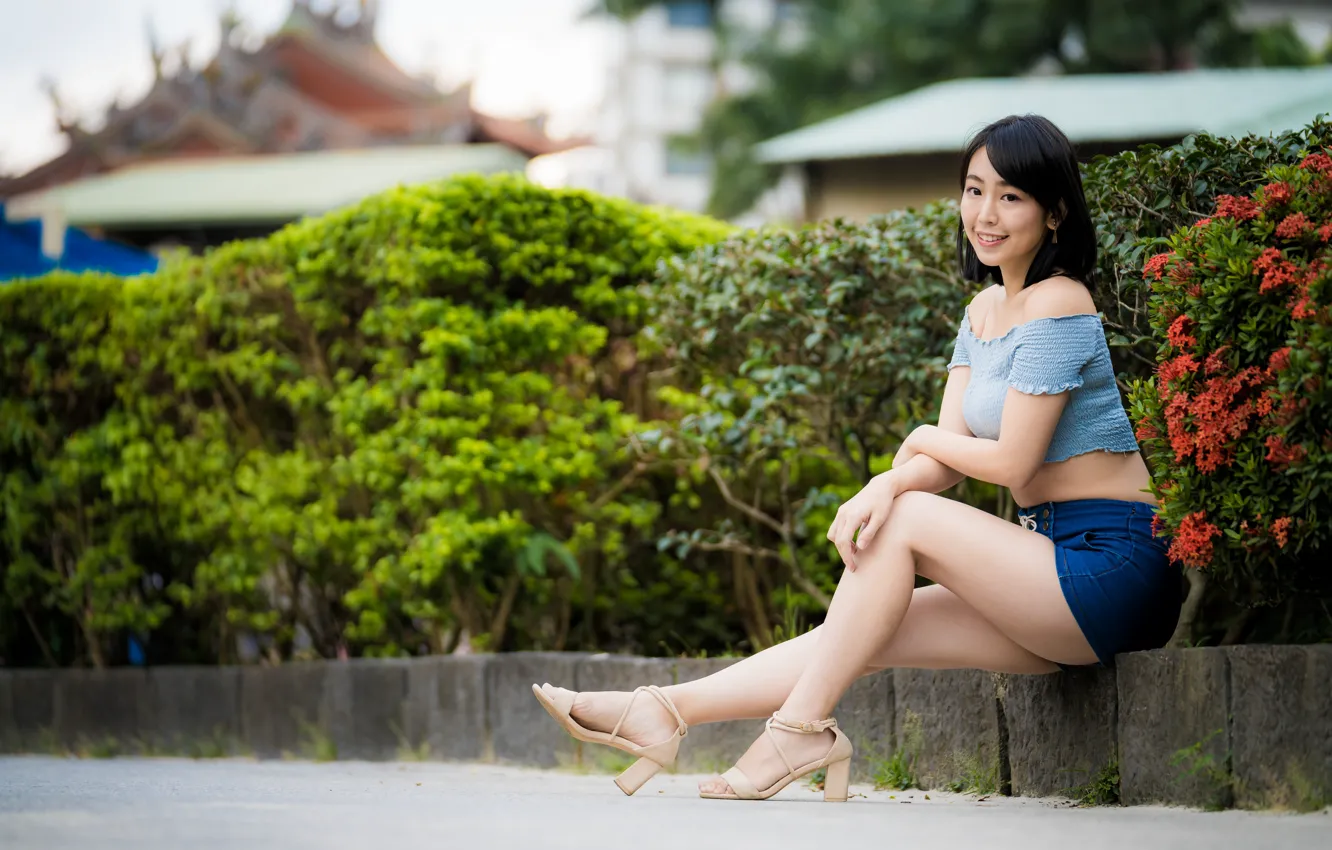 Фото обои девушка, ножки, азиатка, сидит