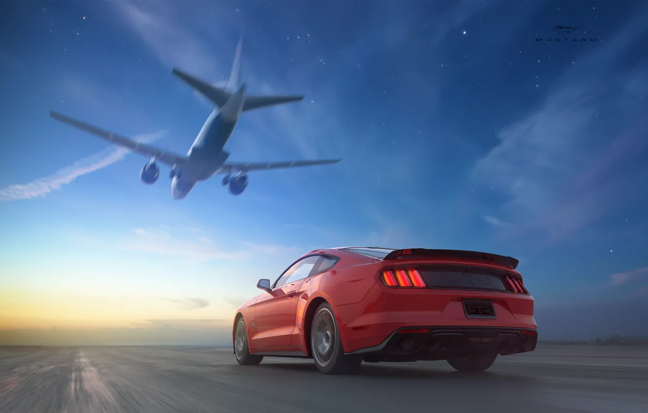 Фото обои закат, скорость, Mustang, Ford, самолёт, RTR