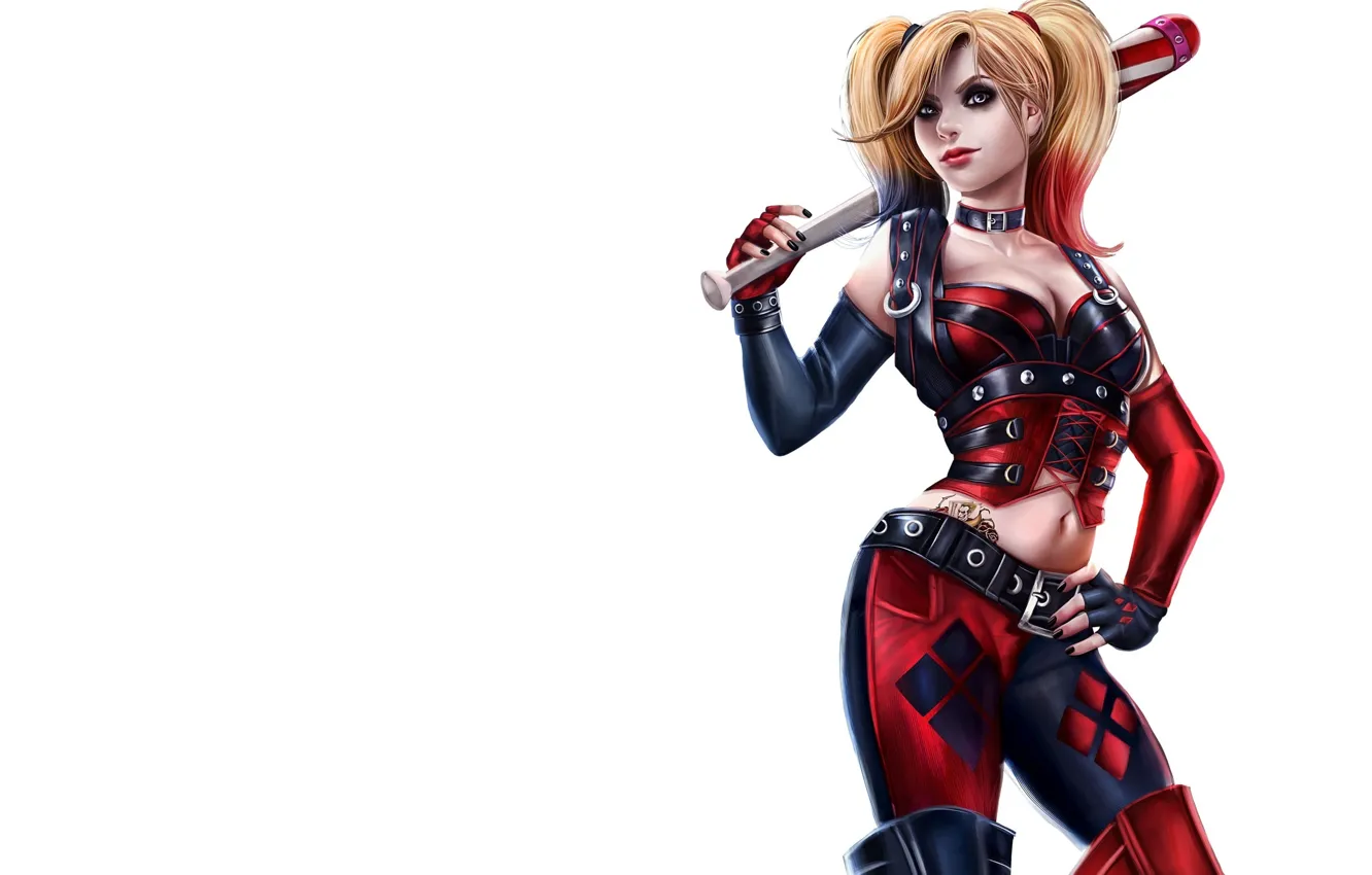 Фото обои взгляд, фон, арт, костюм, бита, хвостики, Harley Quinn, злодейка