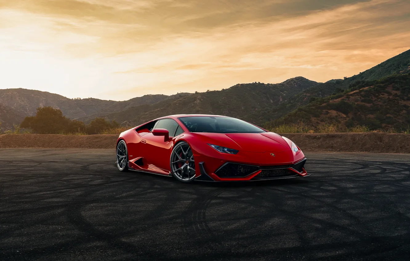 Фото обои горы, красный, Lamborghini Huracan
