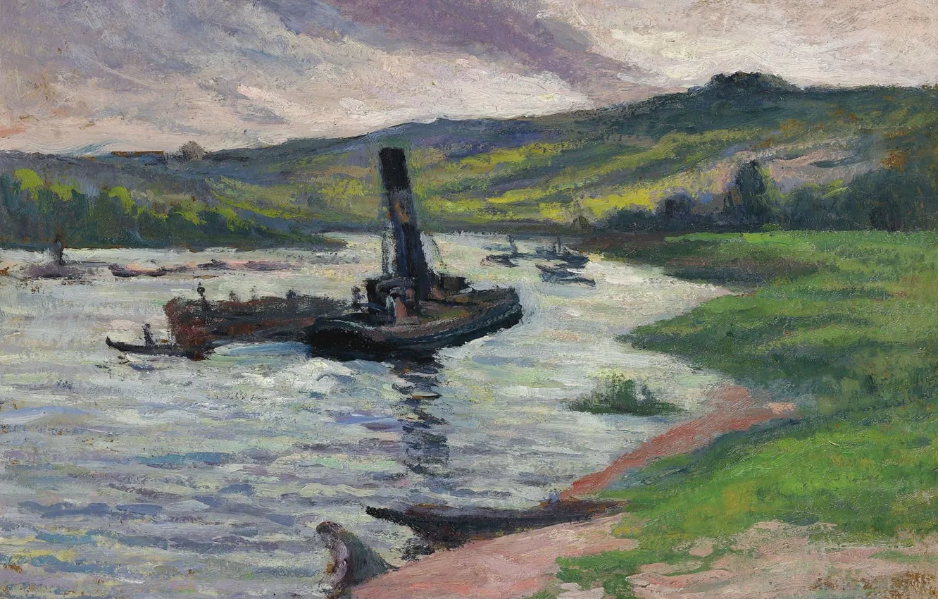 Фото обои пейзаж, картина, Буксир на Сене, Максимильен Люс, Maximilien Luce