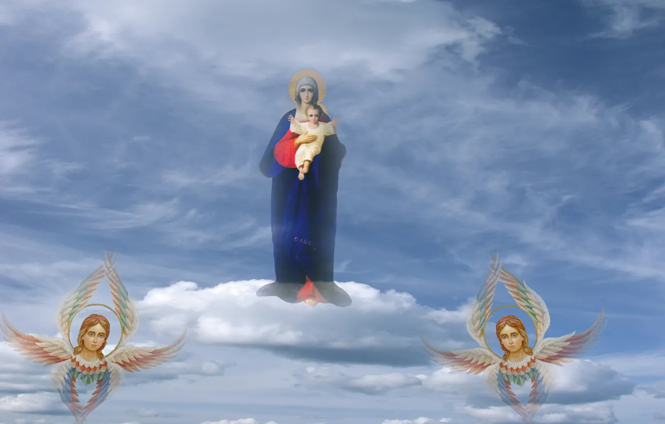 Фото обои небо, Иисус, ангелы, Богородица