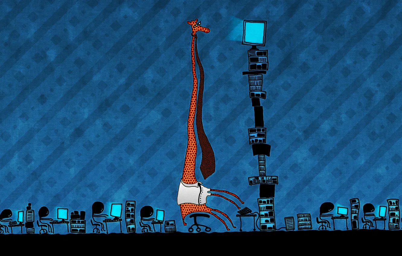 Фото обои юмор, жираф, офис, галстук, компьютеры