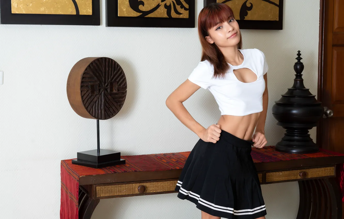 Фото обои model, gorgeous, photoshoot, posing, white top, tanned babe, slim girl, black skirt