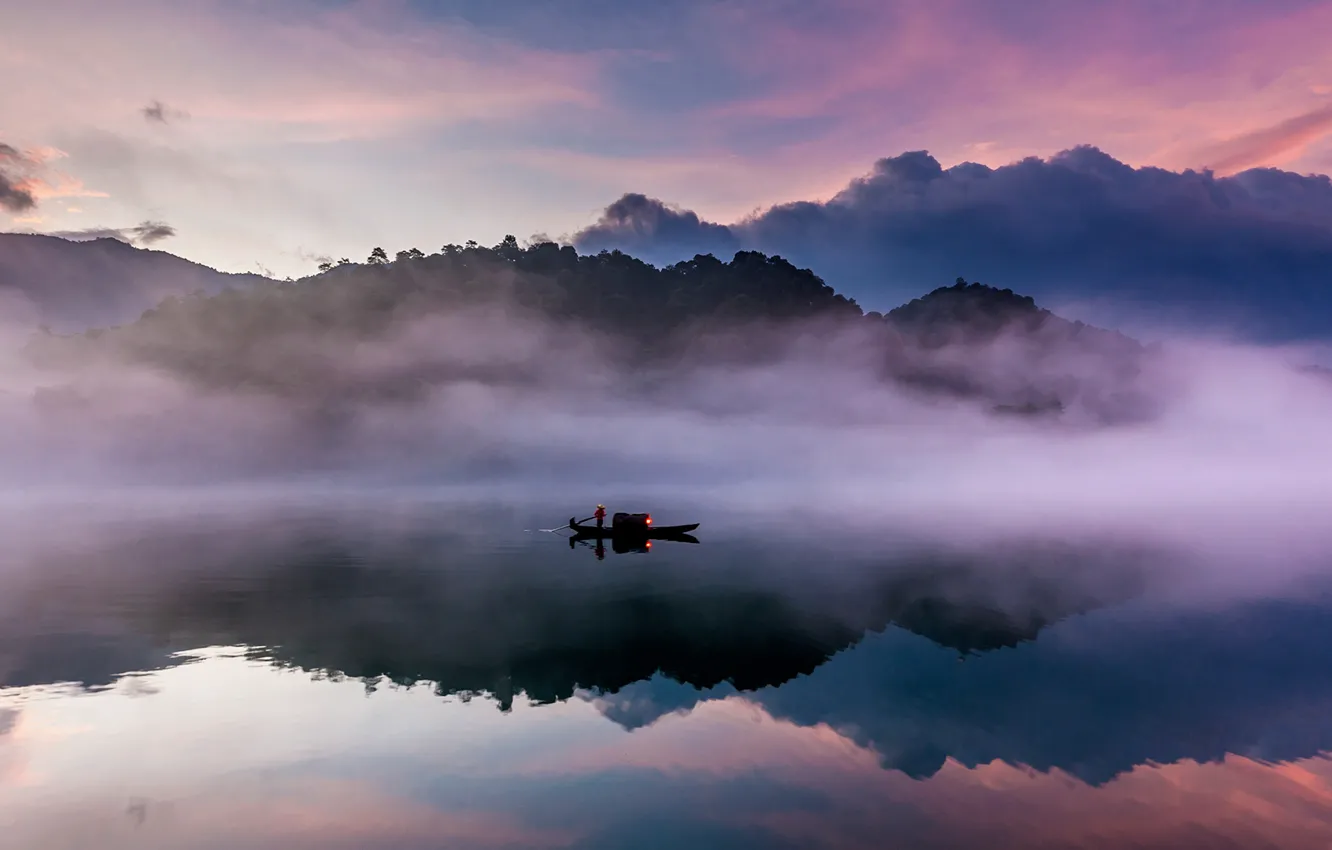 Фото обои туман, река, лодка, Китай, Ист-Ривер, провинция Гуандун
