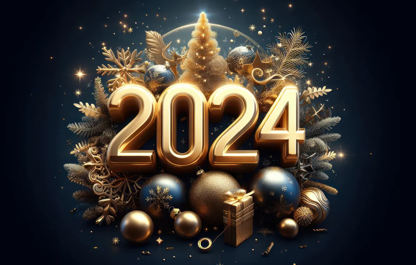 Фото обои цифры, Новый год, golden, decoration, numbers, New year, 2024