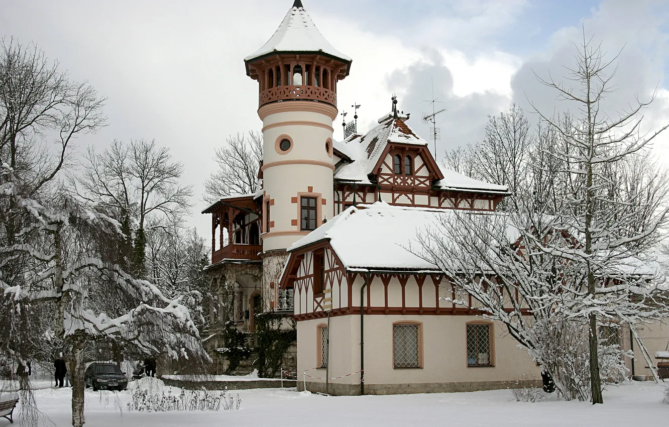 Фото обои зима, машина, снег, деревья, замок, Castle