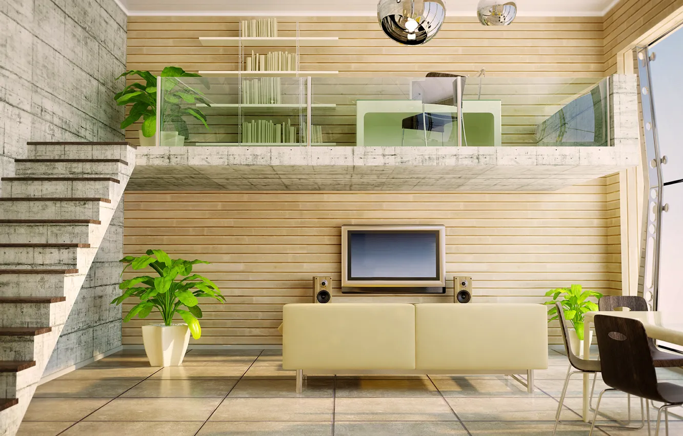 Фото обои стол, диван, растения, светлый, телевизор, окно, лестница