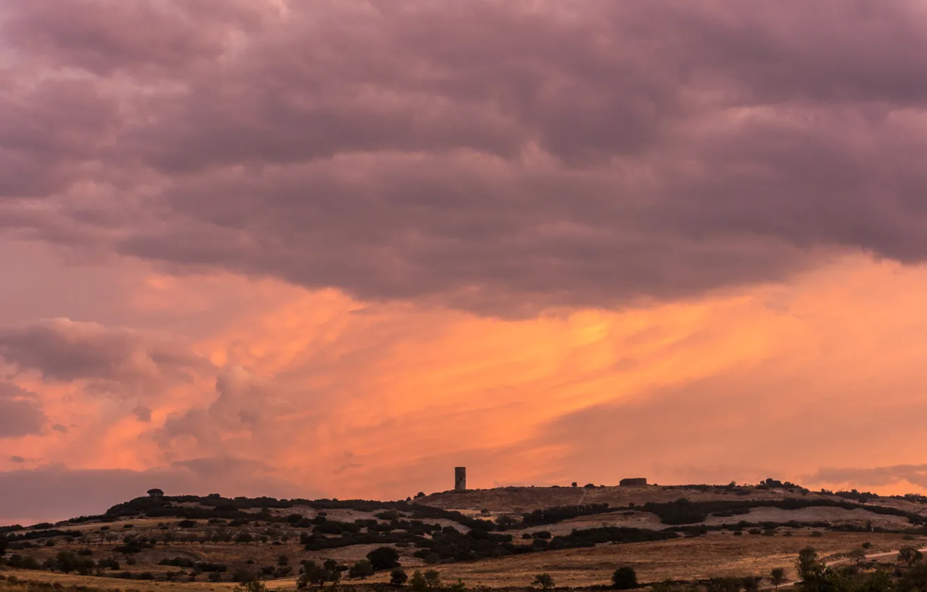 Фото обои twilight, tower, sunset, dusk, Spain, countryside, Cataluña, Urgell