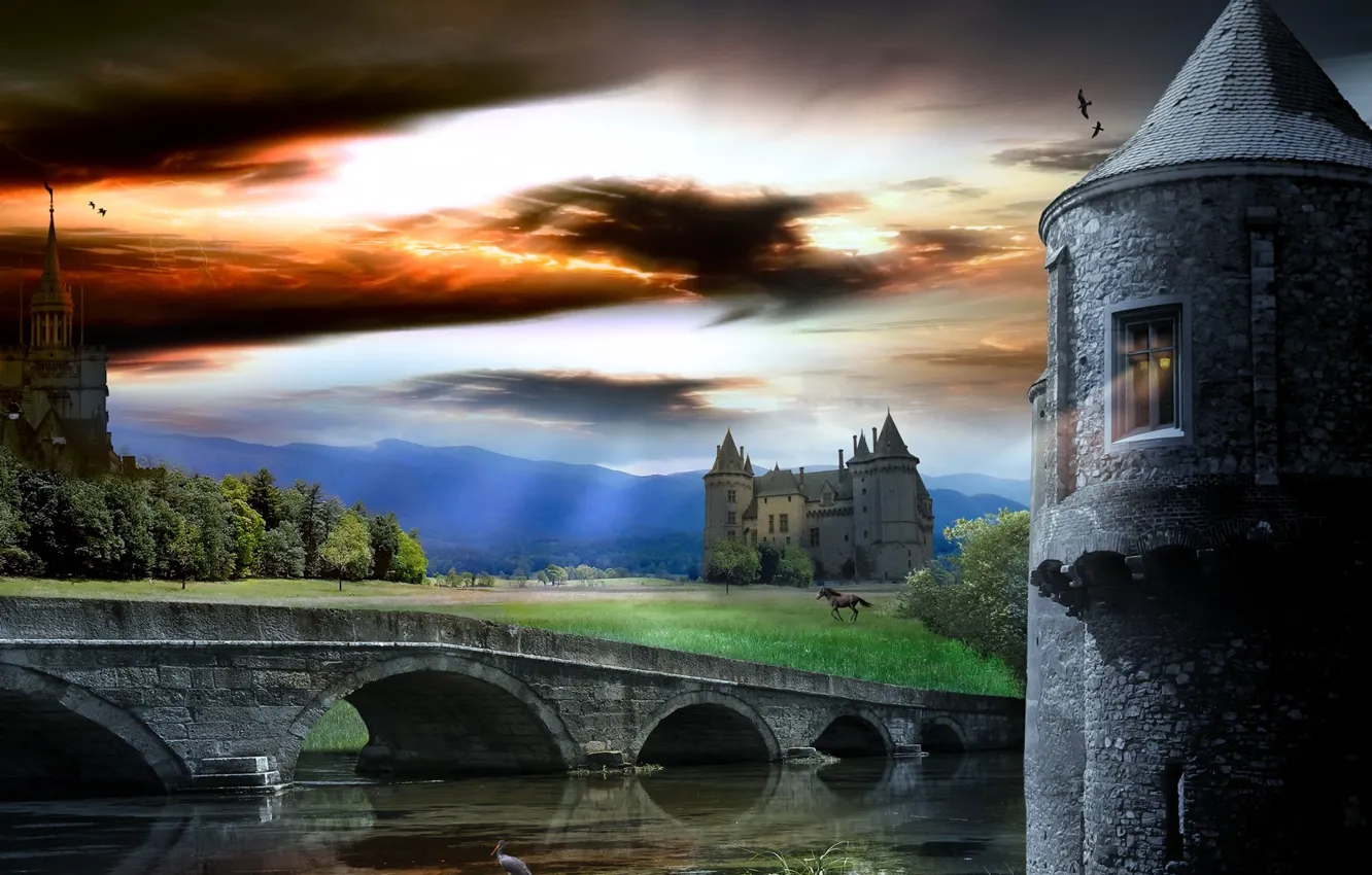 Фото обои небо, мост, башня, жеребец, Замок
