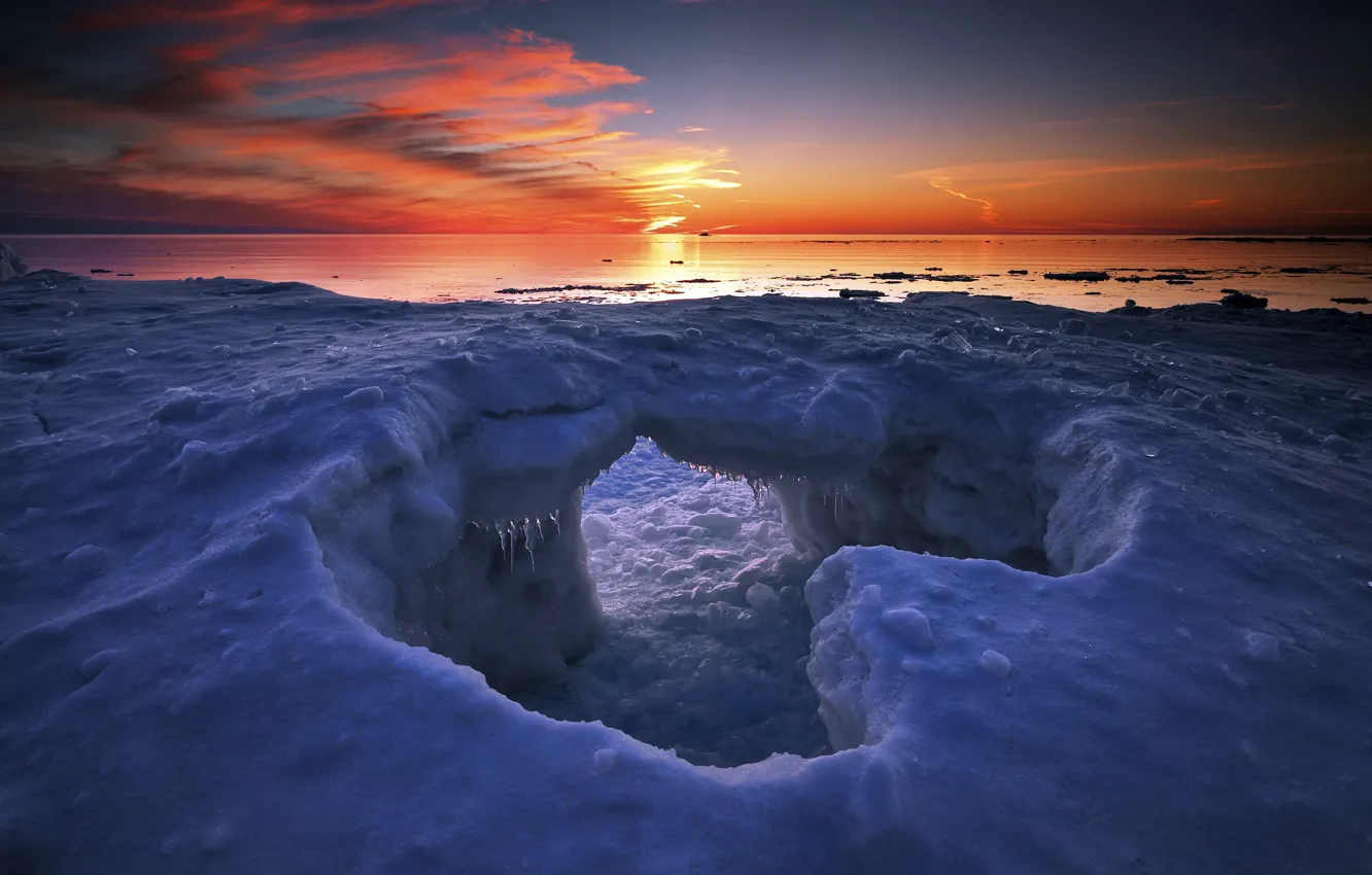Фото обои зима, закат, озеро, лёд, Canada, Ontario, Algoma