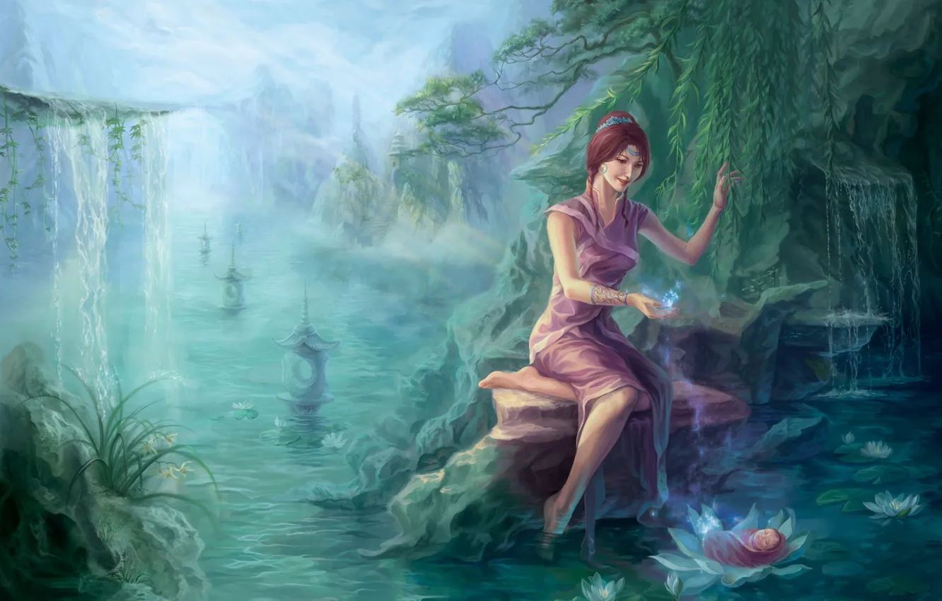 Фото обои лес, вода, девушка, река, скалы, магия, азия, водопад