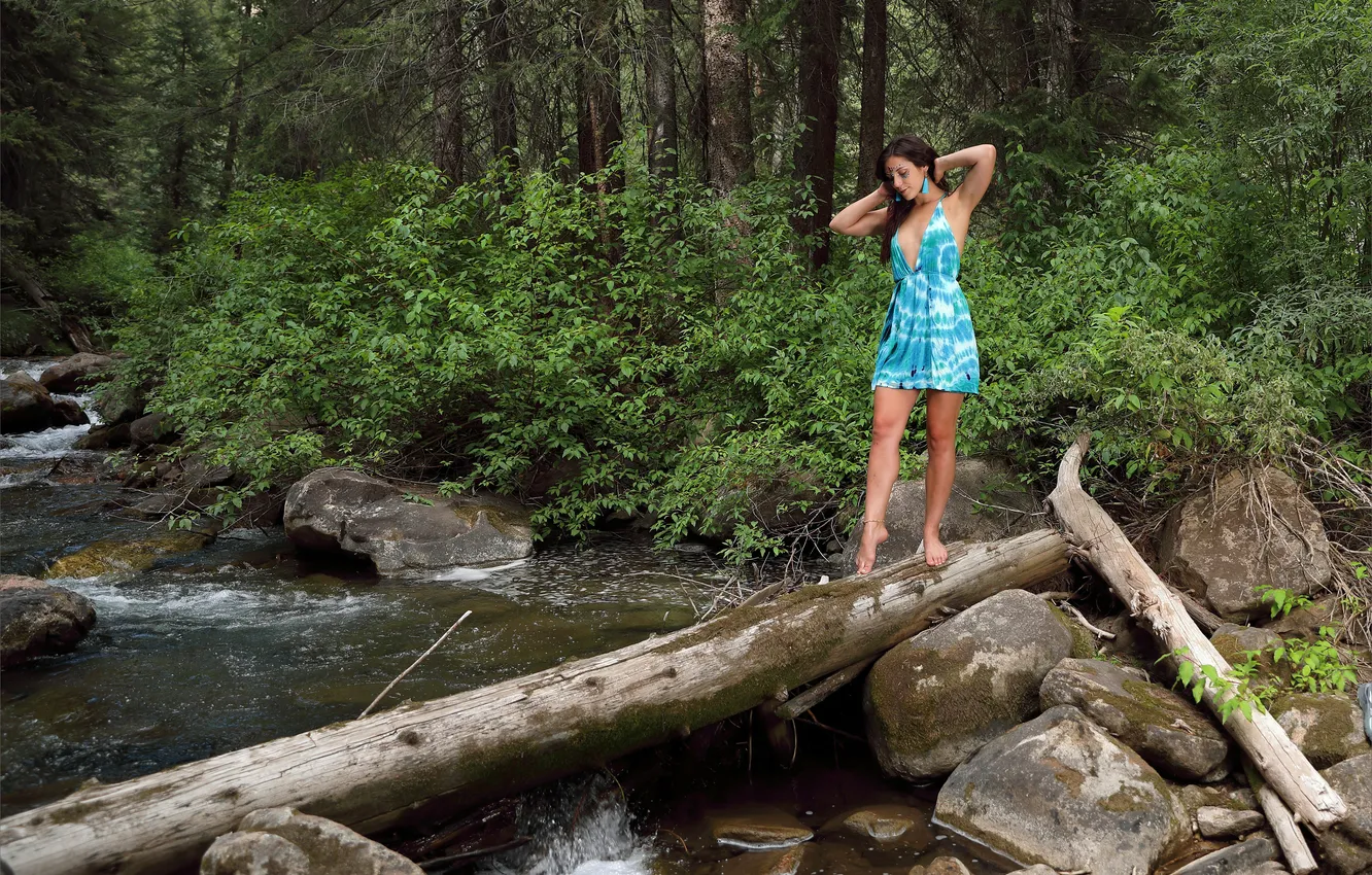 Фото обои forest, long hair, trees, nature, rocks, model, brunette, countryside