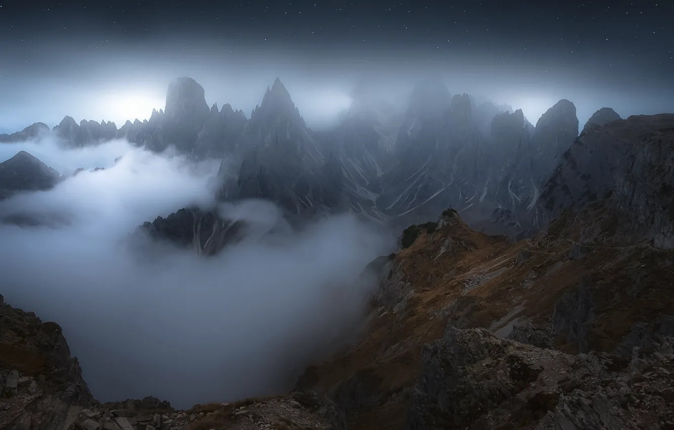 Фото обои горы, ночь, туман, холмы, вершины, Китай, Азия