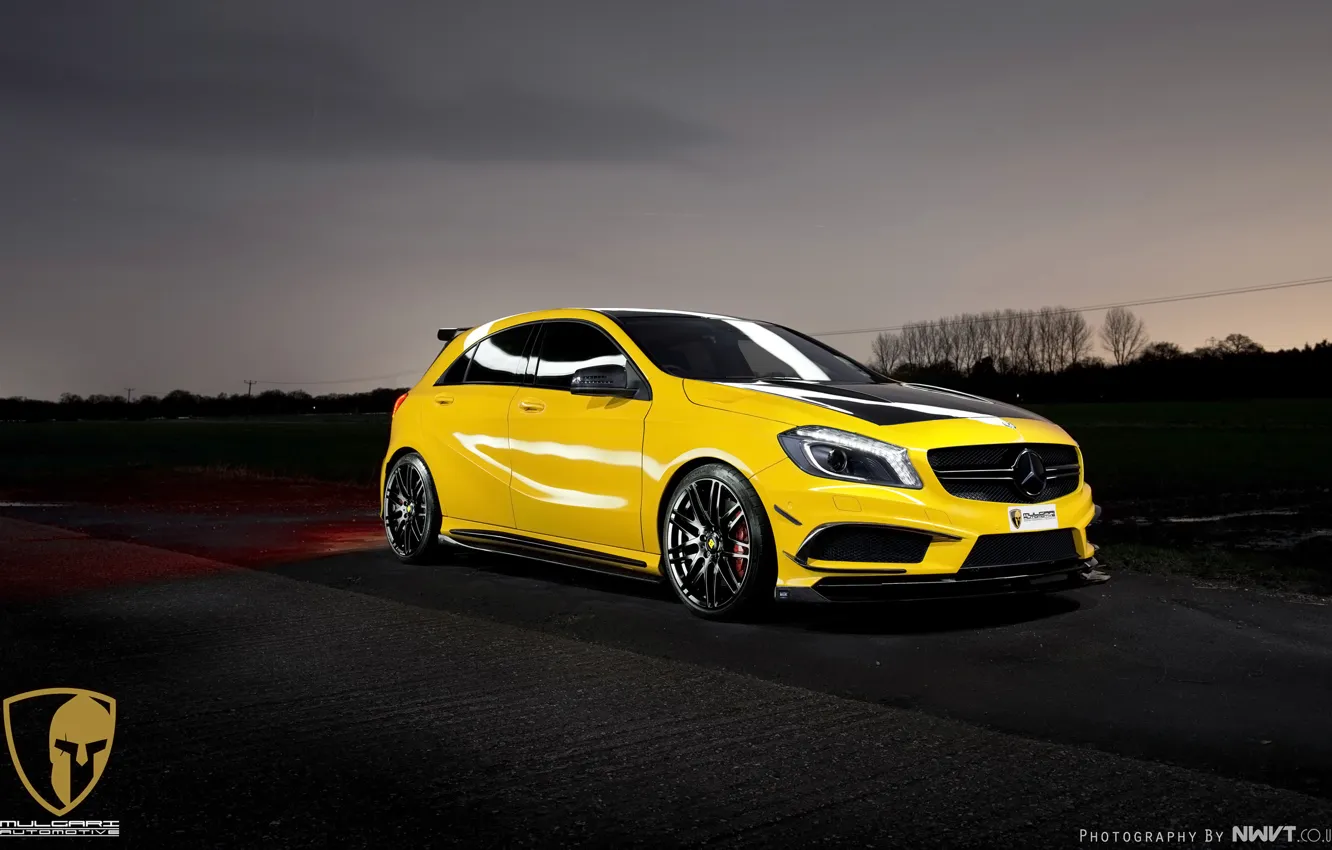 Фото обои жёлтый, фары, тюнинг, Mercedes-Benz, диски, спереди, AMG, yellow