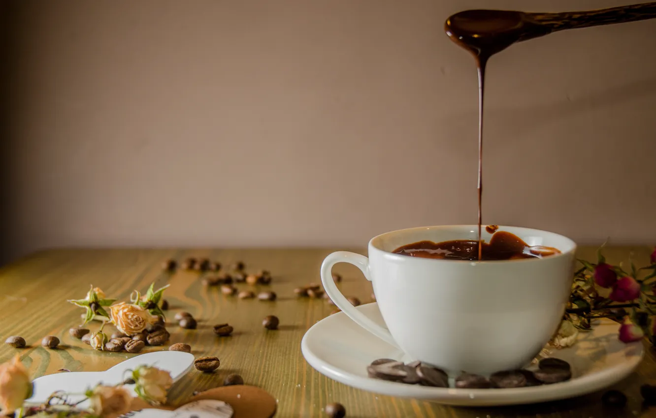 Фото обои чашка, напиток, кофейные зёрна, декор, горячий шоколад