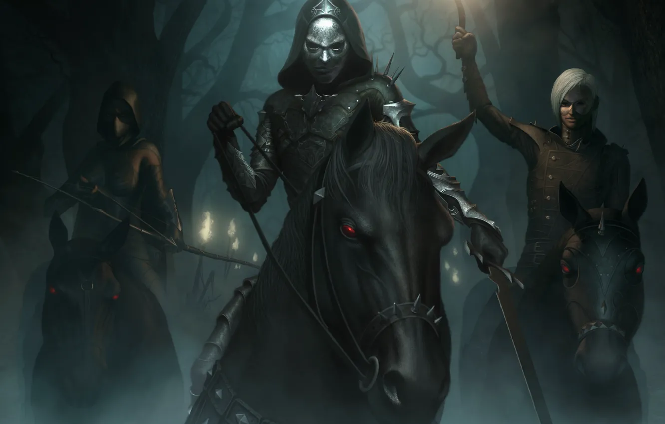 Фото обои лес, ночь, туман, лошадь, меч, лучница, факел, маски