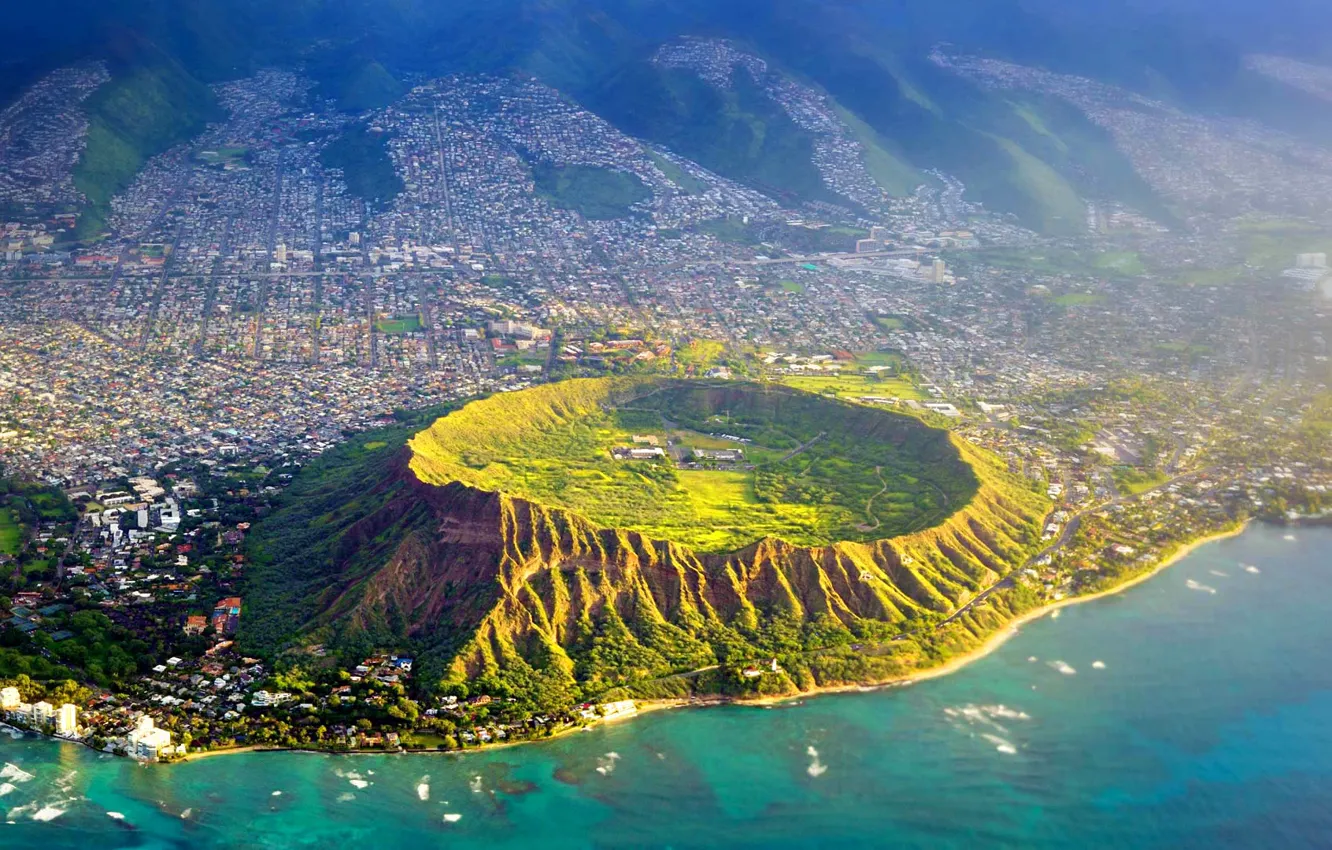 Фото обои море, Гавайи, США, кратер, остров Оаху