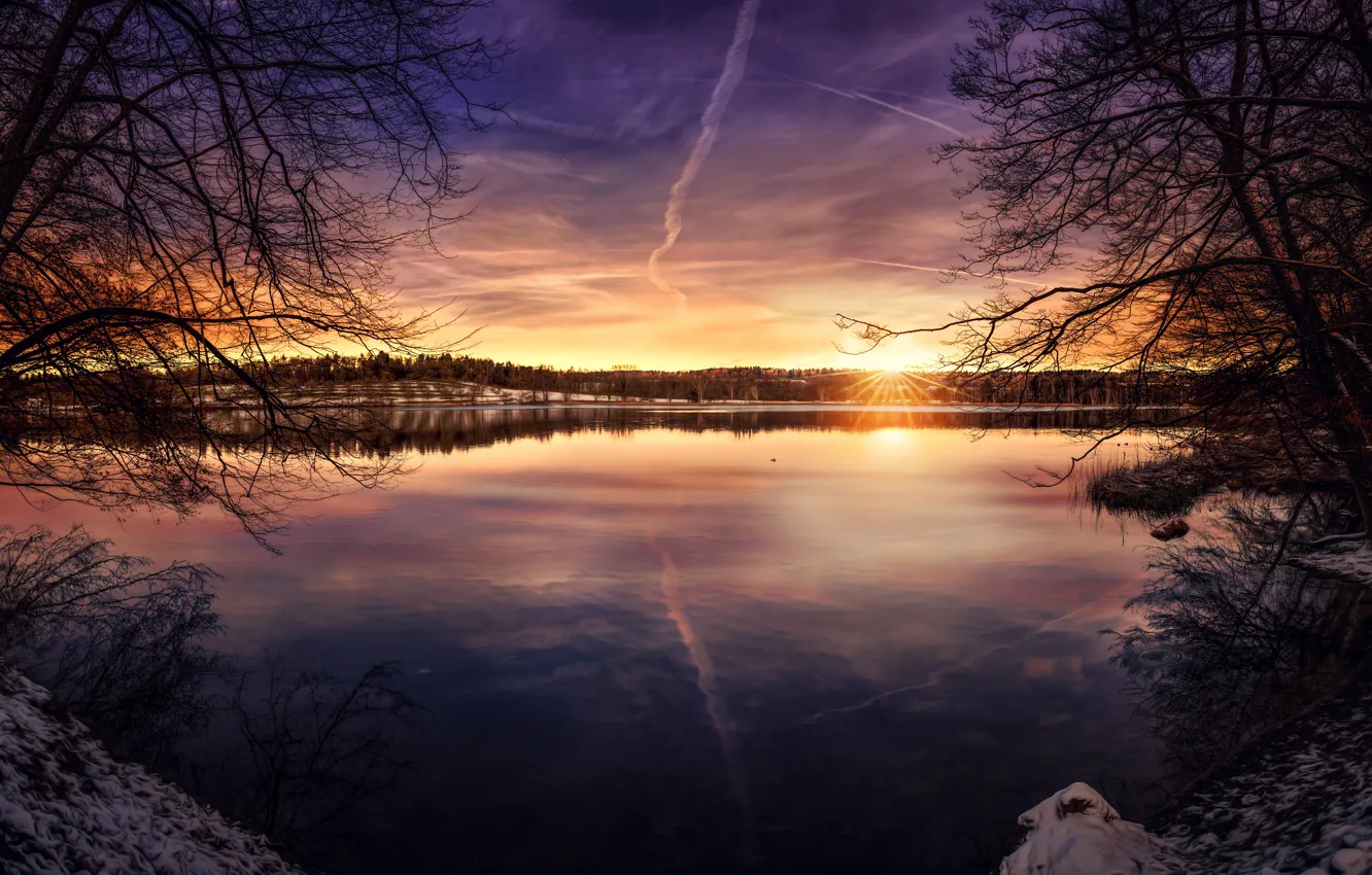 Фото обои солнце, закат, озеро, обработка, Peaceful Lake
