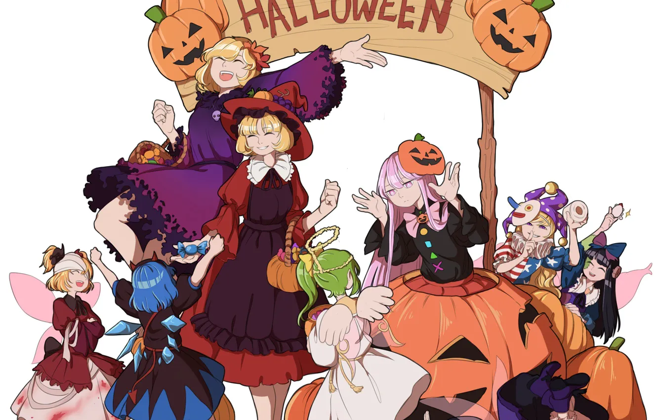 Фото обои хеллоуин, Touhou, Cirno, Hata no Kokoro, Star Sapphire, Daiyousei, Тохо, Тоухоу